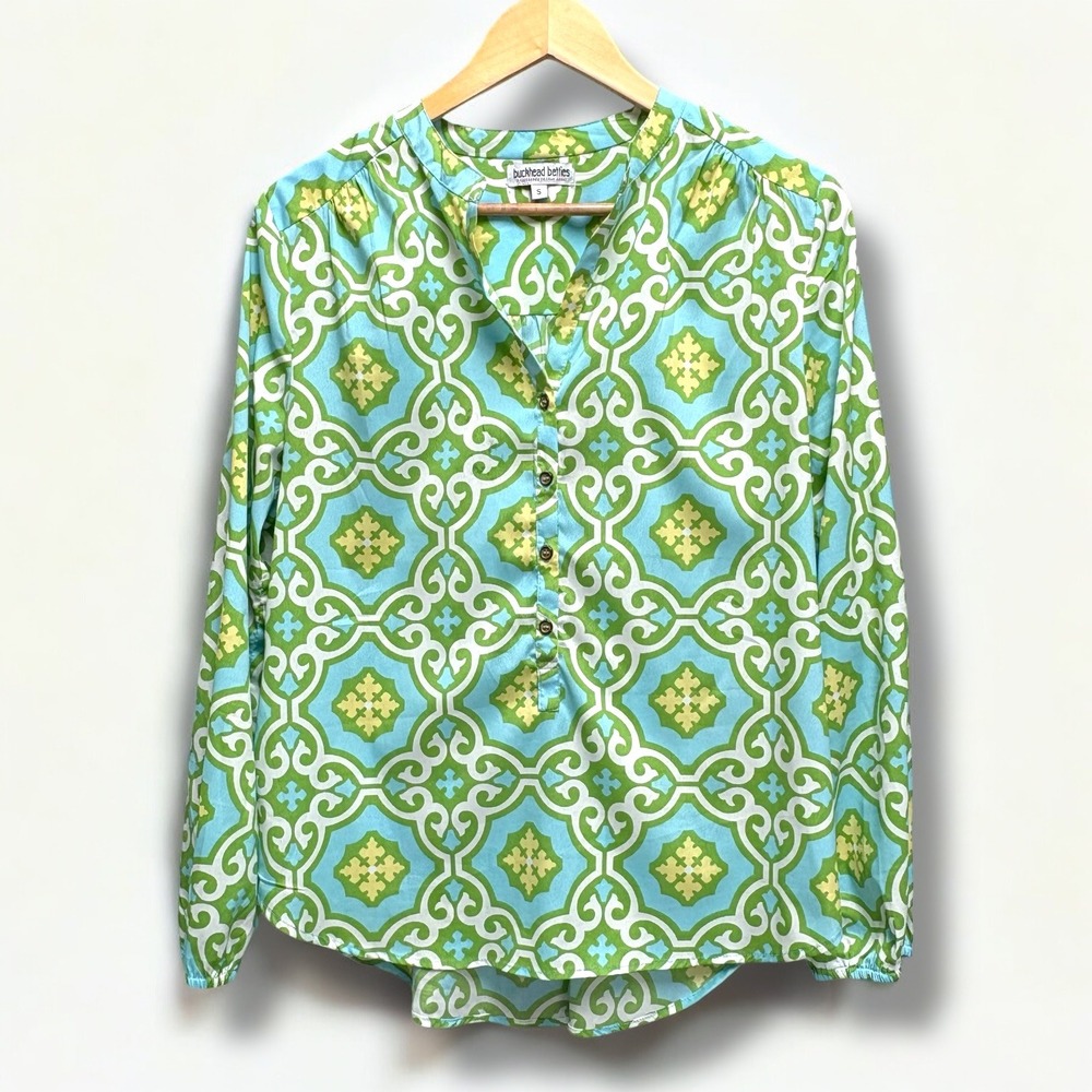Buckhead Betties Womens Small Blue Green Geometric Tile‎ Print Button V-Neck Top